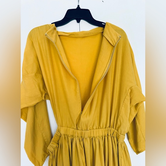 Gorgeous Asymmetrical shoulder & sleeves cut out waist flare midi dress mustard - Picture 4 of 11